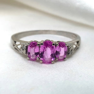 "Darling" - Unique Trilogy Ring with Pink Oval Sapphires with Diamond Shoulders in White Gold - Unique Ring - Ebony Jewellery Chichester - Bespoke by Ebony