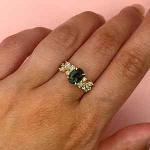 "Aphrodite" - Floral Inspired Oval Teal Sapphire Unique Ring in 18ct Yellow Gold - Unique Ring - Ebony Jewellery Chichester - Bespoke by Ebony