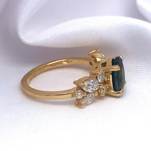 "Aphrodite" - Floral Inspired Oval Teal Sapphire Unique Ring in 18ct Yellow Gold - Unique Ring - Ebony Jewellery Chichester - Bespoke by Ebony