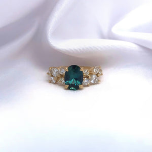 "Aphrodite" - Floral Inspired Oval Teal Sapphire Unique Ring in 18ct Yellow Gold - Unique Ring - Ebony Jewellery Chichester - Bespoke by Ebony