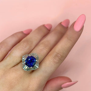 "Desiree" - Cushion Cut Sapphire Unique Engagement Ring surrounded by Baguette Diamonds set in Platinum - Unique Ring - Ebony Jewellery Chichester - Bespoke by Ebony