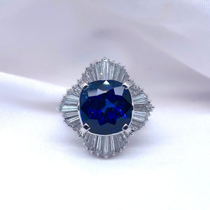 "Desiree" - Cushion Cut Sapphire Unique Engagement Ring surrounded by Baguette Diamonds set in Platinum - Unique Ring - Ebony Jewellery Chichester - Bespoke by Ebony