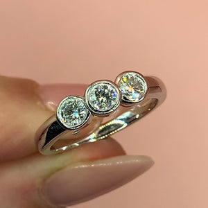 "Evelynn" - Trilogy Round Brilliant Diamond Rubover Set Diamond Ring in Gold or Platinum - Engagement Ring - Ebony Jewellery Chichester - Bespoke by Ebony