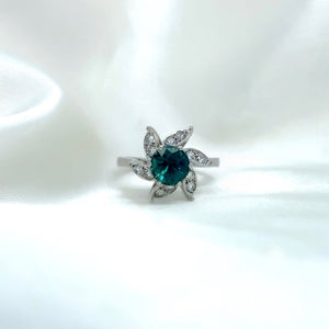 "Florentina" - Teal Sapphire Ring Centered by Spiral of Diamond Leaves in 18ct White Gold - Unique Ring - Ebony Jewellery Chichester - Bespoke by Ebony