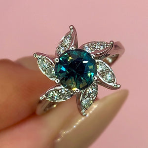 "Florentina" - Teal Sapphire Ring Centered by Spiral of Diamond Leaves in 18ct White Gold - Unique Ring - Ebony Jewellery Chichester - Bespoke by Ebony