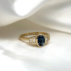 "London" - Blue Topaz Oval Unique Ring with Diamond Shoulders set in 9ct Yellow Gold - Unique Ring - Ebony Jewellery Chichester - Bespoke by Ebony