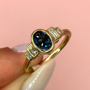 "London" - Blue Topaz Oval Unique Ring with Diamond Shoulders set in 9ct Yellow Gold - Unique Ring - Ebony Jewellery Chichester - Bespoke by Ebony