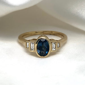 "London" - Blue Topaz Oval Unique Ring with Diamond Shoulders set in 9ct Yellow Gold - Unique Ring - Ebony Jewellery Chichester - Bespoke by Ebony