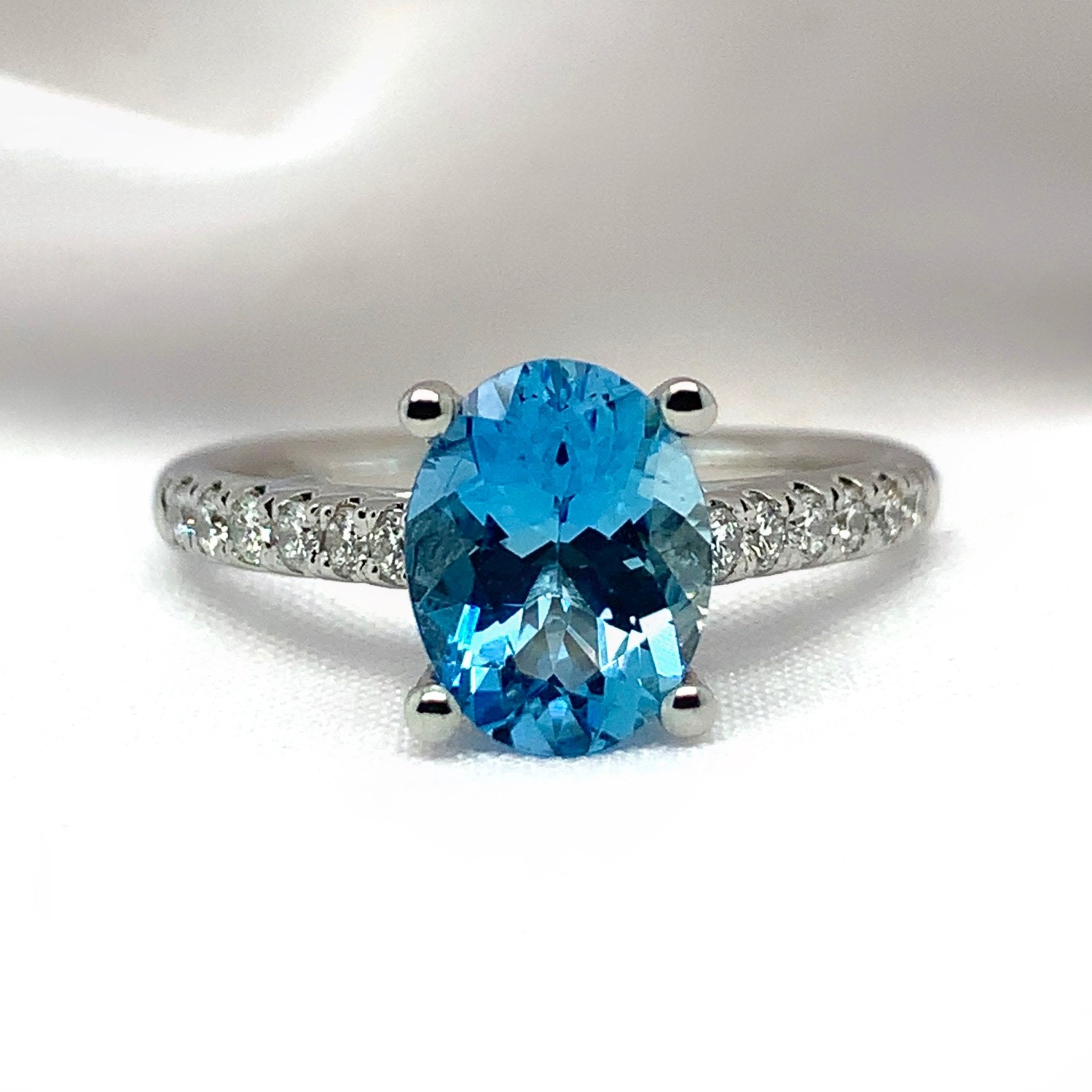 "Marina" - Oval Aquamarine Unique Ring in a Micro Set Platinum Band with Round Brilliant Diamonds - Unique Ring - Ebony Jewellery Chichester - Bespoke by Ebony
