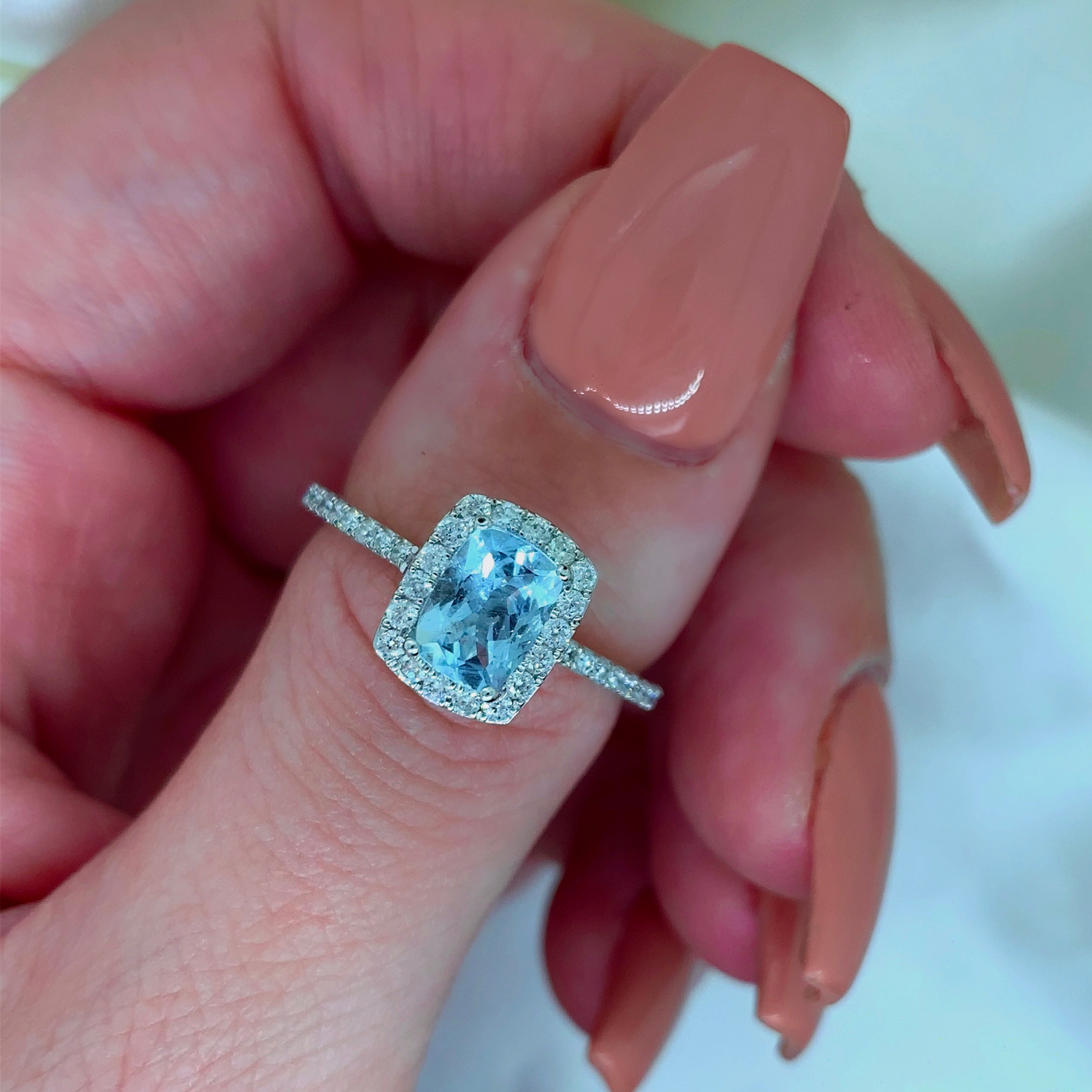 "Allure" - Oval Cushion Aquamarine Ring with Round Brilliant Diamonds -  Gemstone Ring - Ebony Jewellery Chichester - Bespoke by Ebony