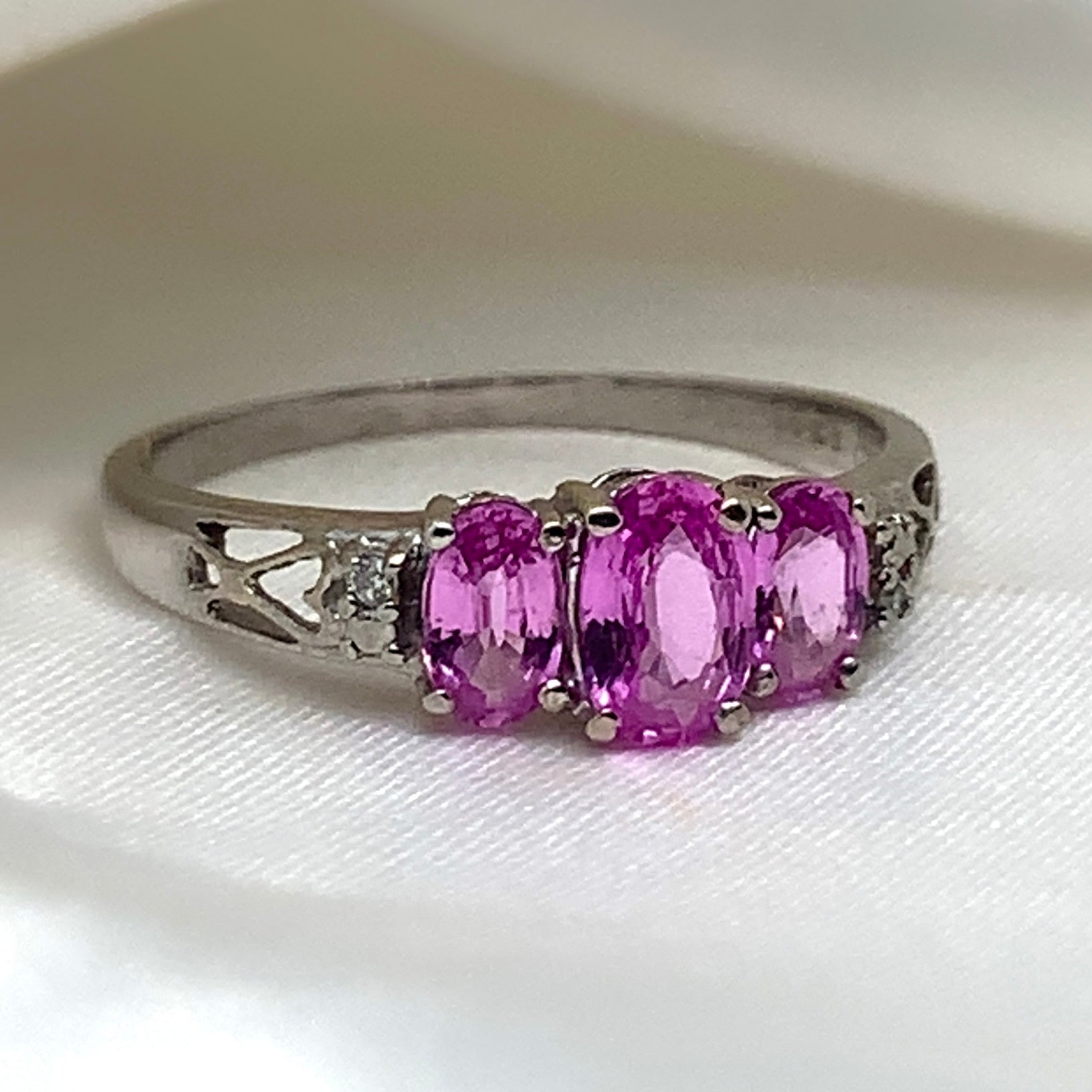 "Darling" - Unique Trilogy Ring with Pink Oval Sapphires with Diamond Shoulders in White Gold -  Unique Ring - Ebony Jewellery Chichester - Bespoke by Ebony