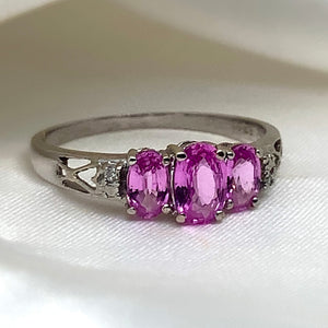 "Darling" - Unique Trilogy Ring with Pink Oval Sapphires with Diamond Shoulders in White Gold -  Unique Ring - Ebony Jewellery Chichester - Bespoke by Ebony