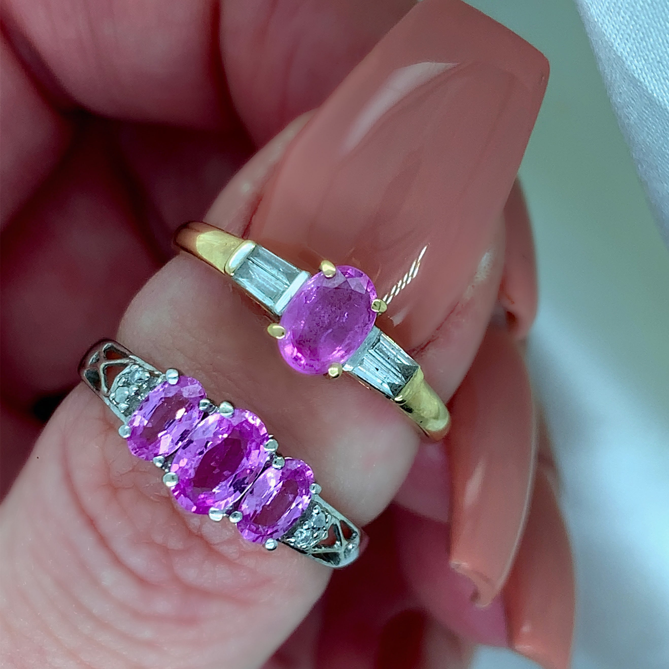 "Darling" - Unique Trilogy Ring with Pink Oval Sapphires with Diamond Shoulders in White Gold -  Unique Ring - Ebony Jewellery Chichester - Bespoke by Ebony