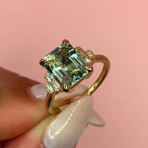 "Angelina" - Step Cut Green Amethyst Unique Ring set in 9ct Yellow Gold - Unique Ring - Ebony Jewellery Chichester - Bespoke by Ebony