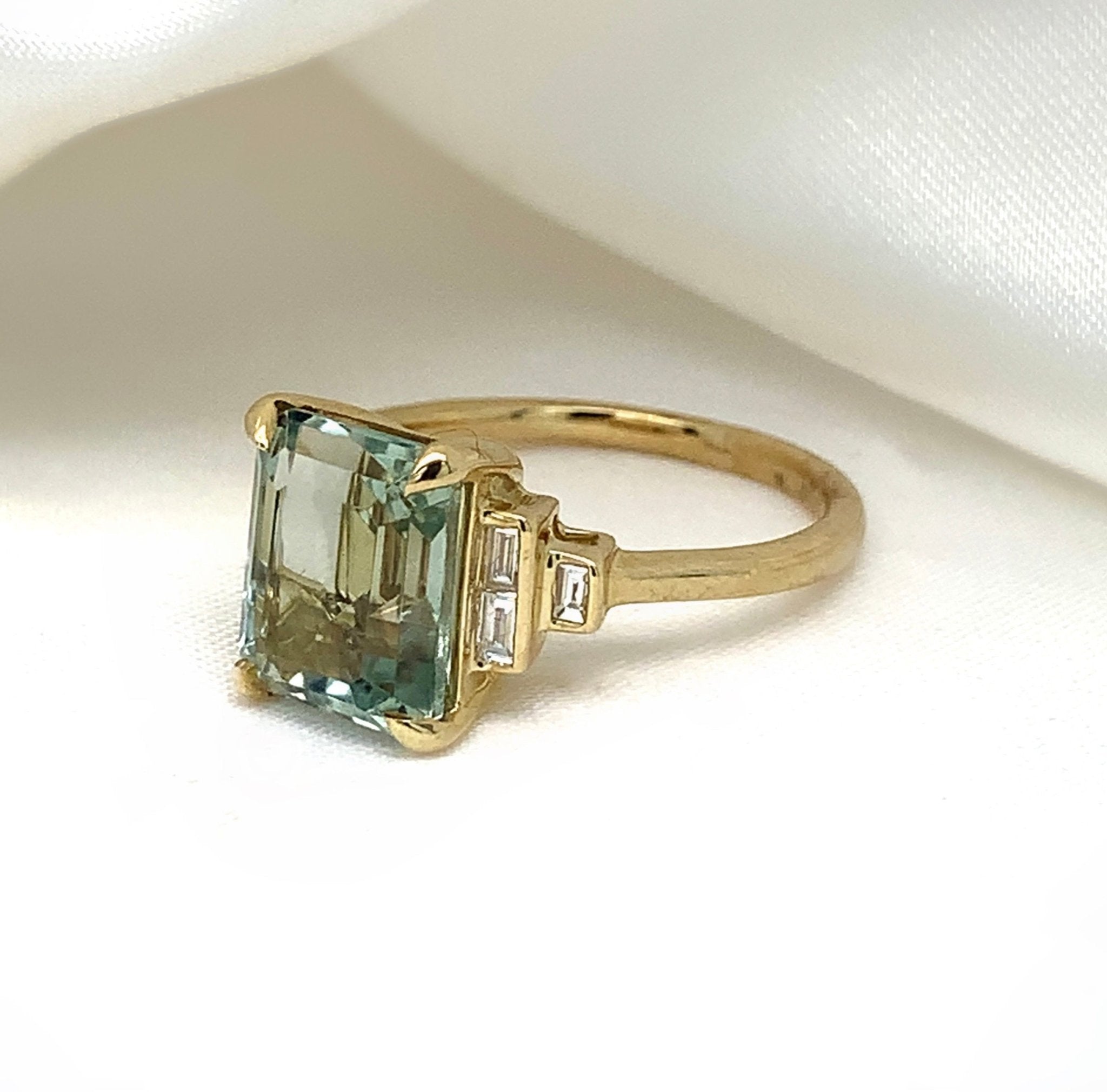 "Angelina" - Step Cut Green Amethyst Unique Ring set in 9ct Yellow Gold - Unique Ring - Ebony Jewellery Chichester - Bespoke by Ebony