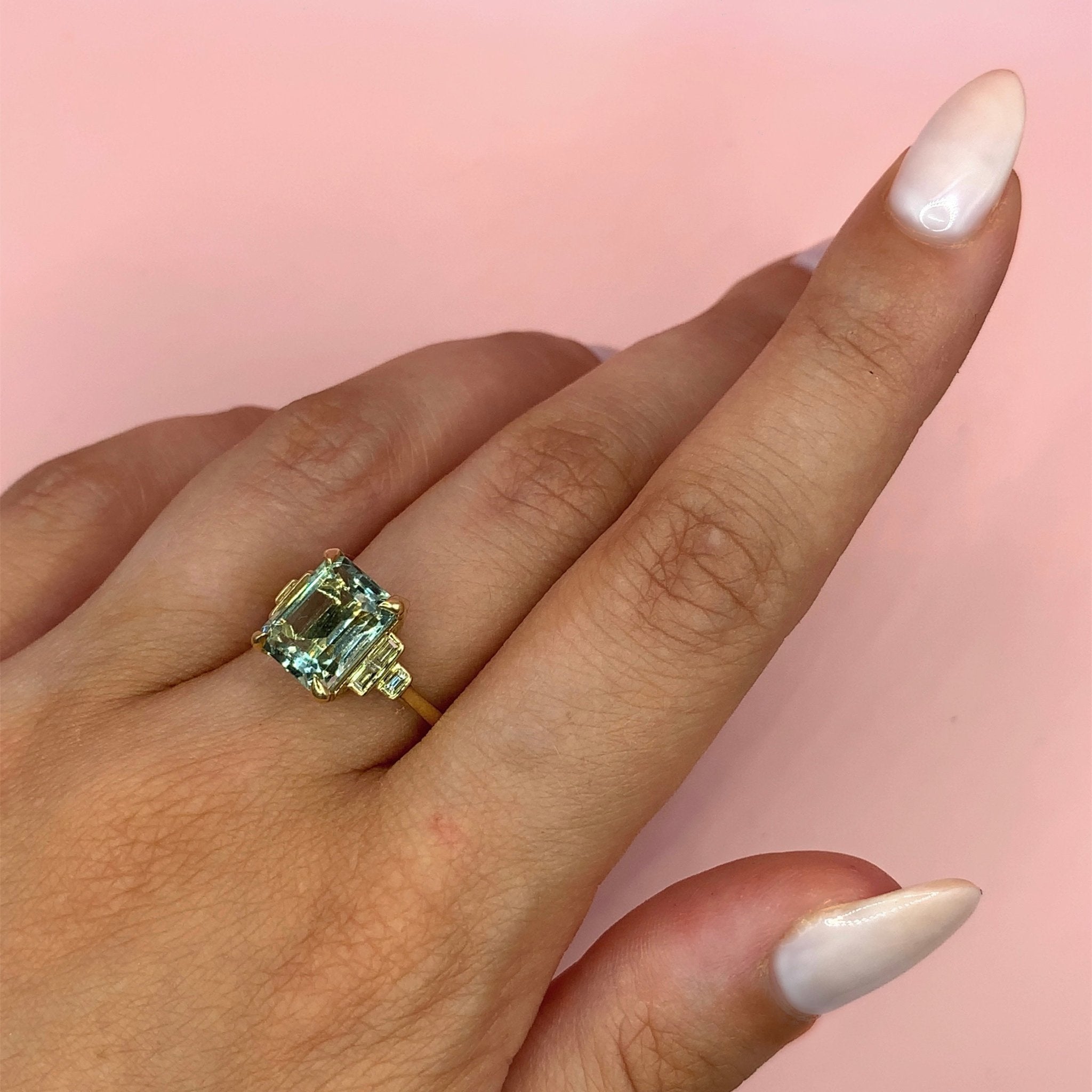 "Angelina" - Step Cut Green Amethyst Unique Ring set in 9ct Yellow Gold - Unique Ring - Ebony Jewellery Chichester - Bespoke by Ebony