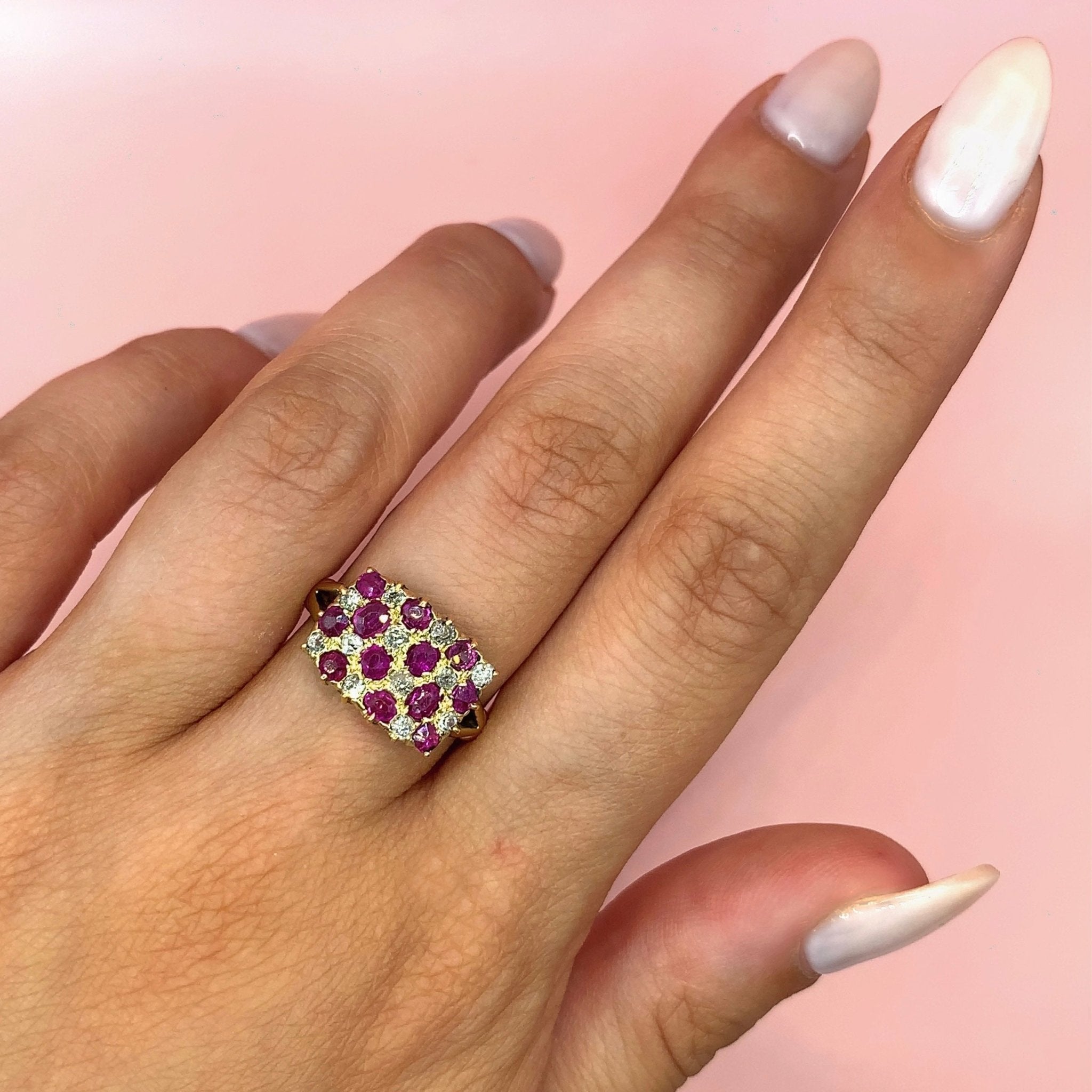 "Anthea" - Antique Set Ruby Cluster Unique Engagement Ring in 18ct Yellow Gold-  Unique Ring - Ebony Jewellery Chichester - Bespoke by Ebony