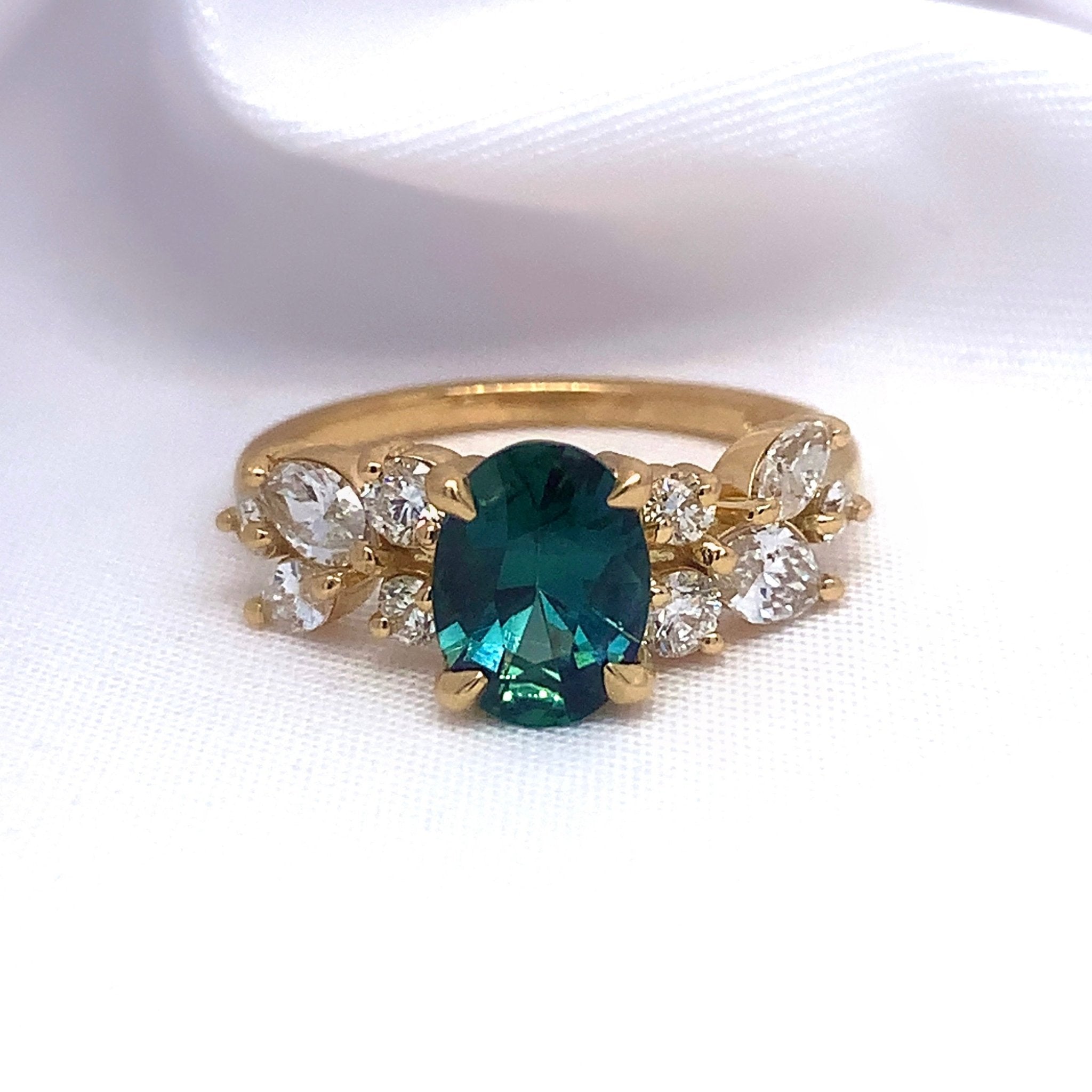 "Aphrodite" - Floral Inspired Oval Teal Sapphire Unique Ring in 18ct Yellow Gold - Unique Ring - Ebony Jewellery Chichester - Bespoke by Ebony