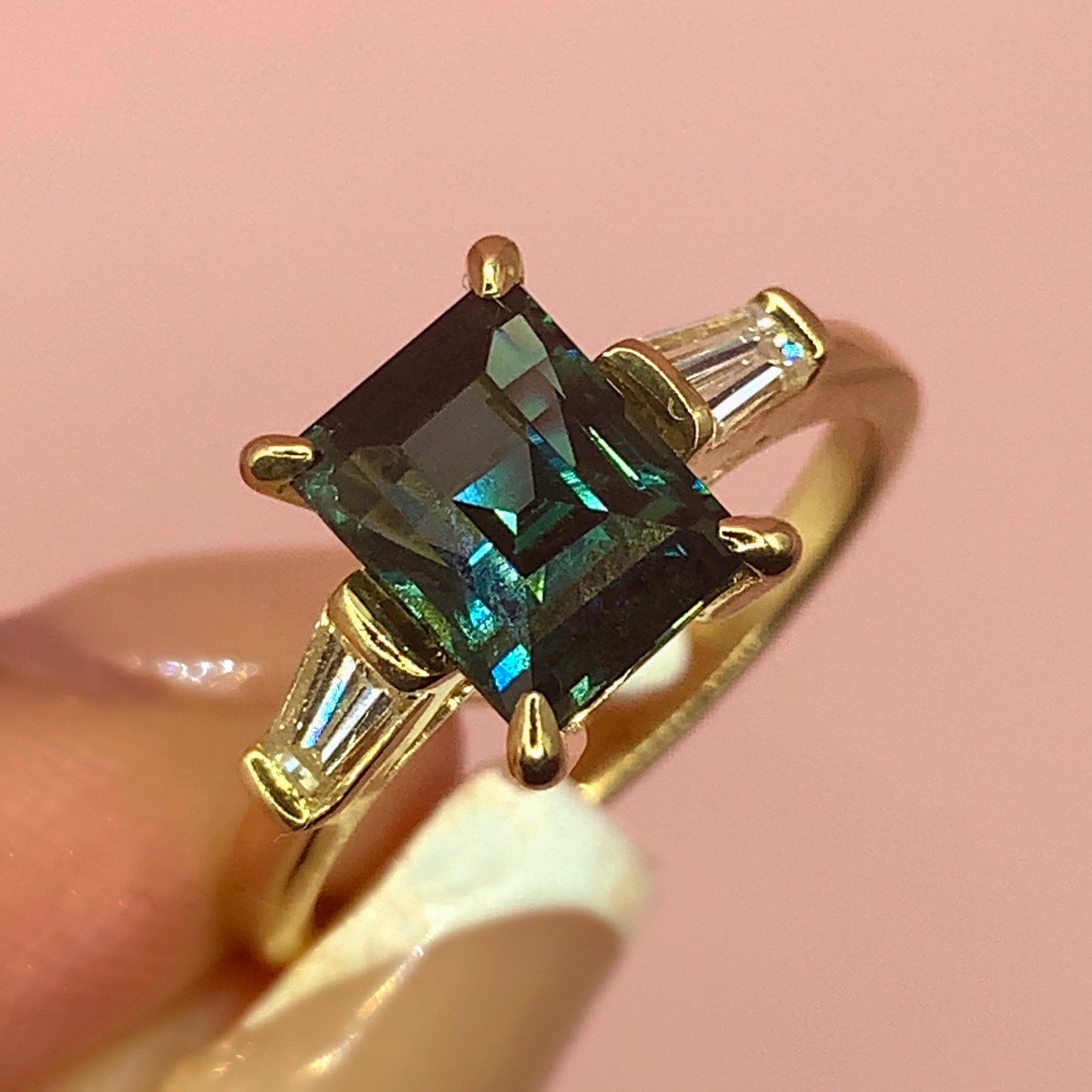 "Artemis" - Art Deco Trilogy Unique Ring in Sapphire, Emerald and Diamond set in 18ct Yellow Gold - Unique Ring - Ebony Jewellery Chichester - Bespoke by Ebony
