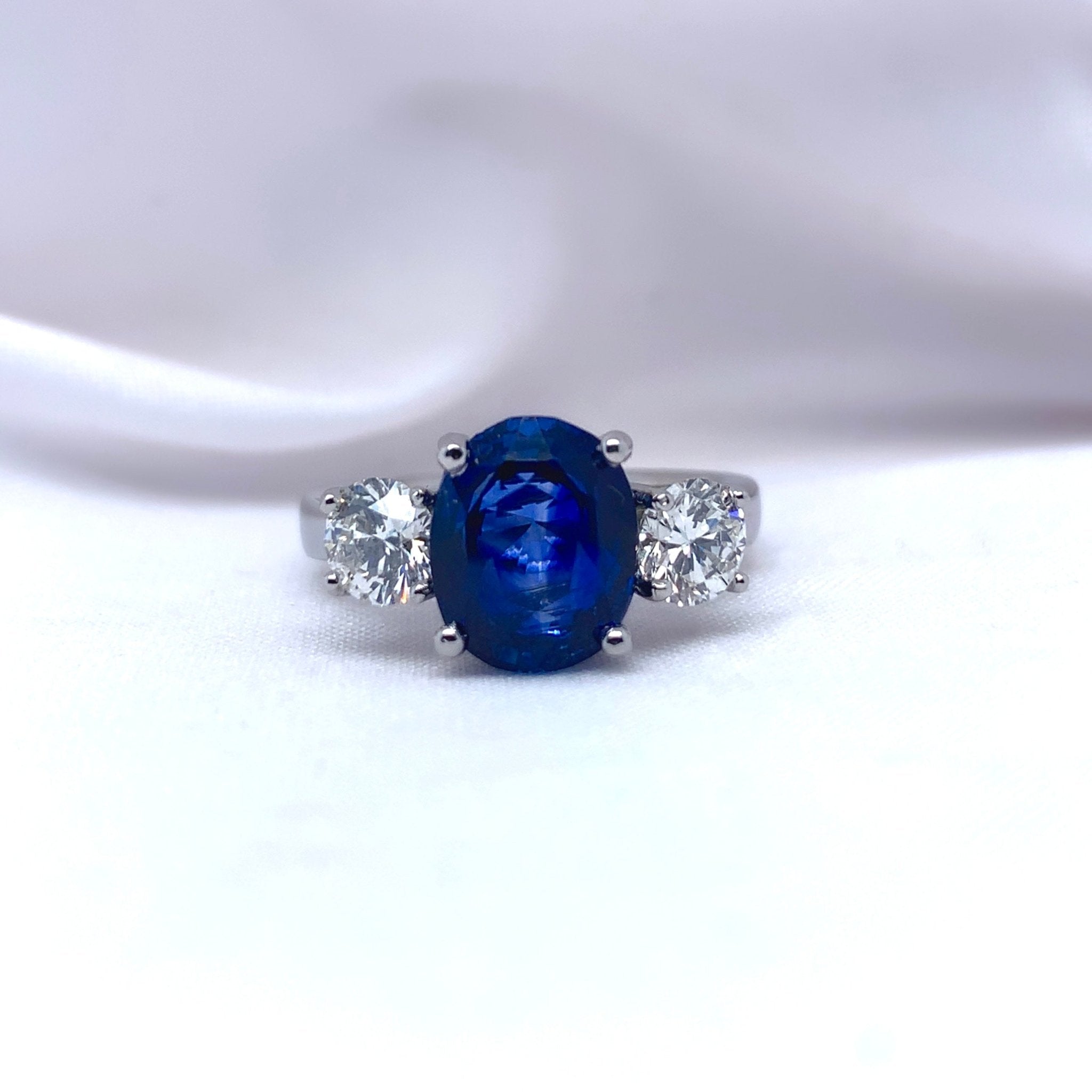 "Celine" - Oval Sapphire Unique Ring Flanked by Glimmering Diamonds set in Platinum - Unique Ring - Ebony Jewellery Chichester - Bespoke by Ebony