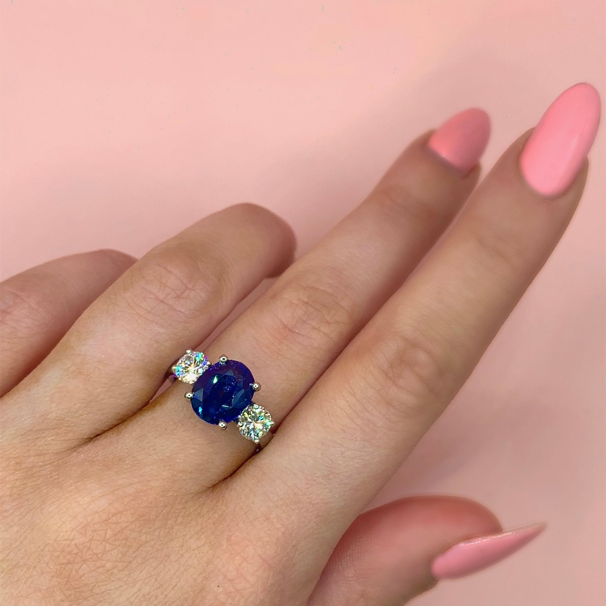"Celine" - Oval Sapphire Unique Ring Flanked by Glimmering Diamonds set in Platinum - Unique Ring - Ebony Jewellery Chichester - Bespoke by Ebony