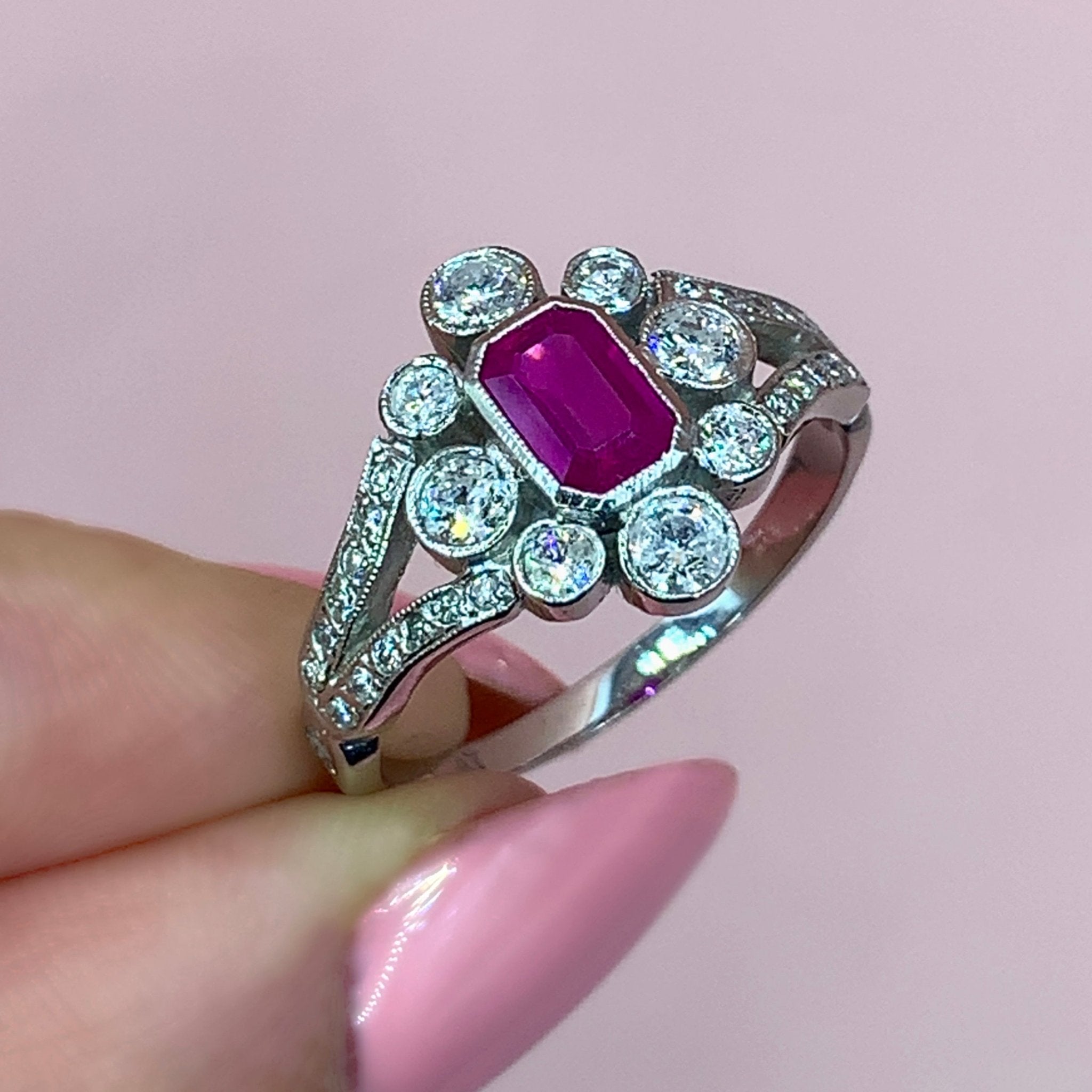 "Cerise" - Emerald Cut Ruby Unique Engagement Ring surrounded by Diamonds set in Platinum - Unique Ring - Ebony Jewellery Chichester - Bespoke by Ebony