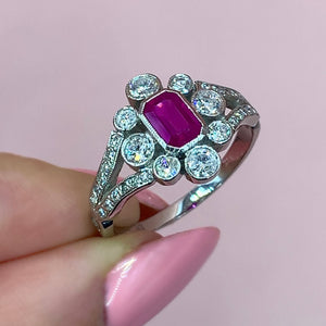 "Cerise" - Emerald Cut Ruby Unique Engagement Ring surrounded by Diamonds set in Platinum - Unique Ring - Ebony Jewellery Chichester - Bespoke by Ebony