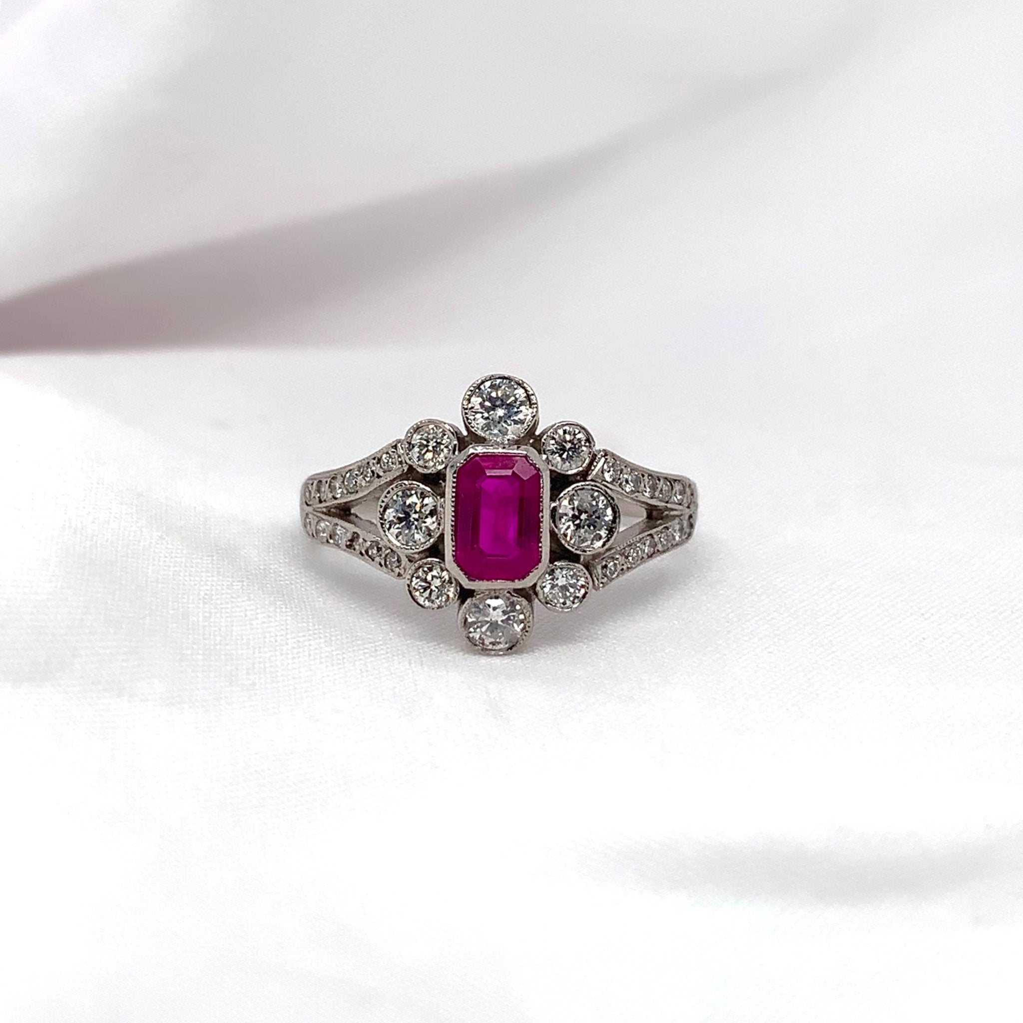 "Cerise" - Emerald Cut Ruby Unique Engagement Ring surrounded by Diamonds set in Platinum - Unique Ring - Ebony Jewellery Chichester - Bespoke by Ebony