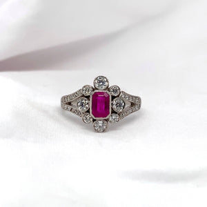 "Cerise" - Emerald Cut Ruby Unique Engagement Ring surrounded by Diamonds set in Platinum - Unique Ring - Ebony Jewellery Chichester - Bespoke by Ebony