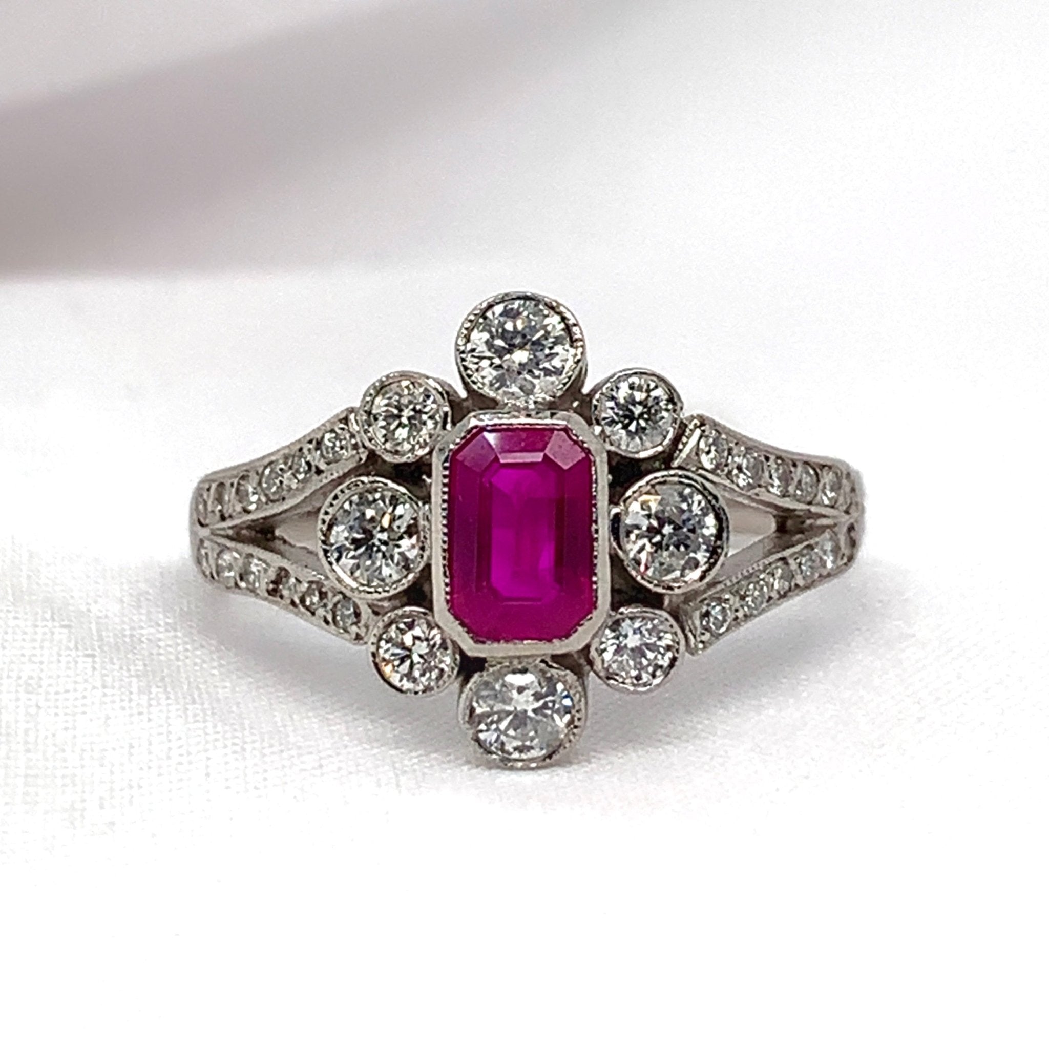 "Cerise" - Emerald Cut Ruby Unique Engagement Ring surrounded by Diamonds set in Platinum - Unique Ring - Ebony Jewellery Chichester - Bespoke by Ebony