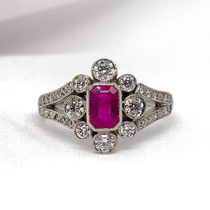 "Cerise" - Emerald Cut Ruby Unique Engagement Ring surrounded by Diamonds set in Platinum - Unique Ring - Ebony Jewellery Chichester - Bespoke by Ebony