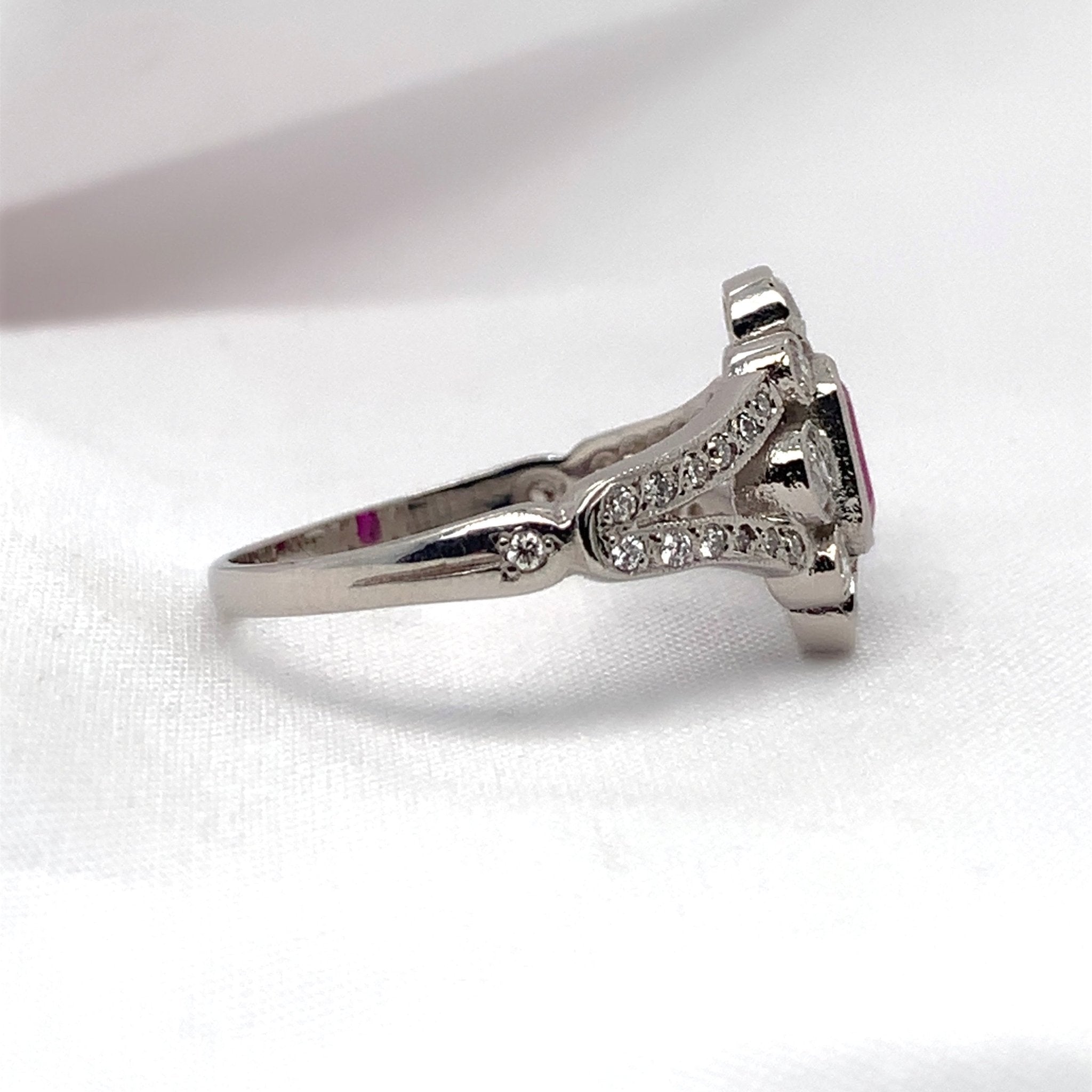 "Cerise" - Emerald Cut Ruby Unique Engagement Ring surrounded by Diamonds set in Platinum - Unique Ring - Ebony Jewellery Chichester - Bespoke by Ebony