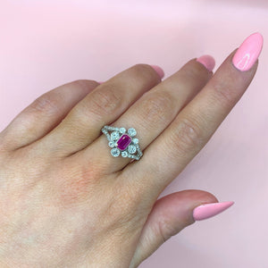"Cerise" - Emerald Cut Ruby Unique Engagement Ring surrounded by Diamonds set in Platinum - Unique Ring - Ebony Jewellery Chichester - Bespoke by Ebony