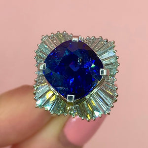 "Desiree" - Cushion Cut Sapphire Unique Engagement Ring surrounded by Baguette Diamonds set in Platinum - Unique Ring - Ebony Jewellery Chichester - Bespoke by Ebony