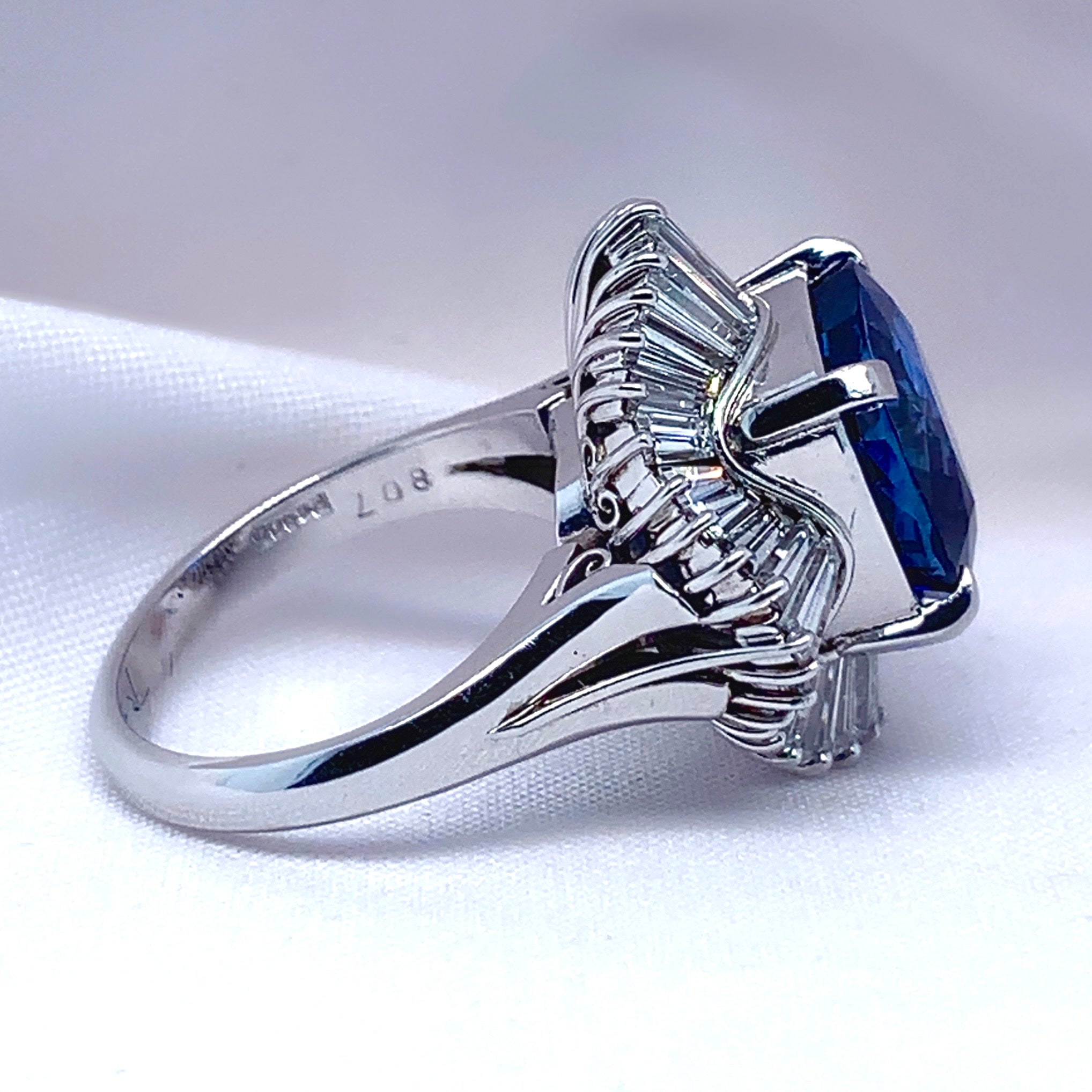 "Desiree" - Cushion Cut Sapphire Unique Engagement Ring surrounded by Baguette Diamonds set in Platinum - Unique Ring - Ebony Jewellery Chichester - Bespoke by Ebony
