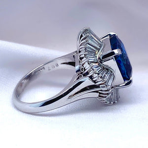 "Desiree" - Cushion Cut Sapphire Unique Engagement Ring surrounded by Baguette Diamonds set in Platinum - Unique Ring - Ebony Jewellery Chichester - Bespoke by Ebony