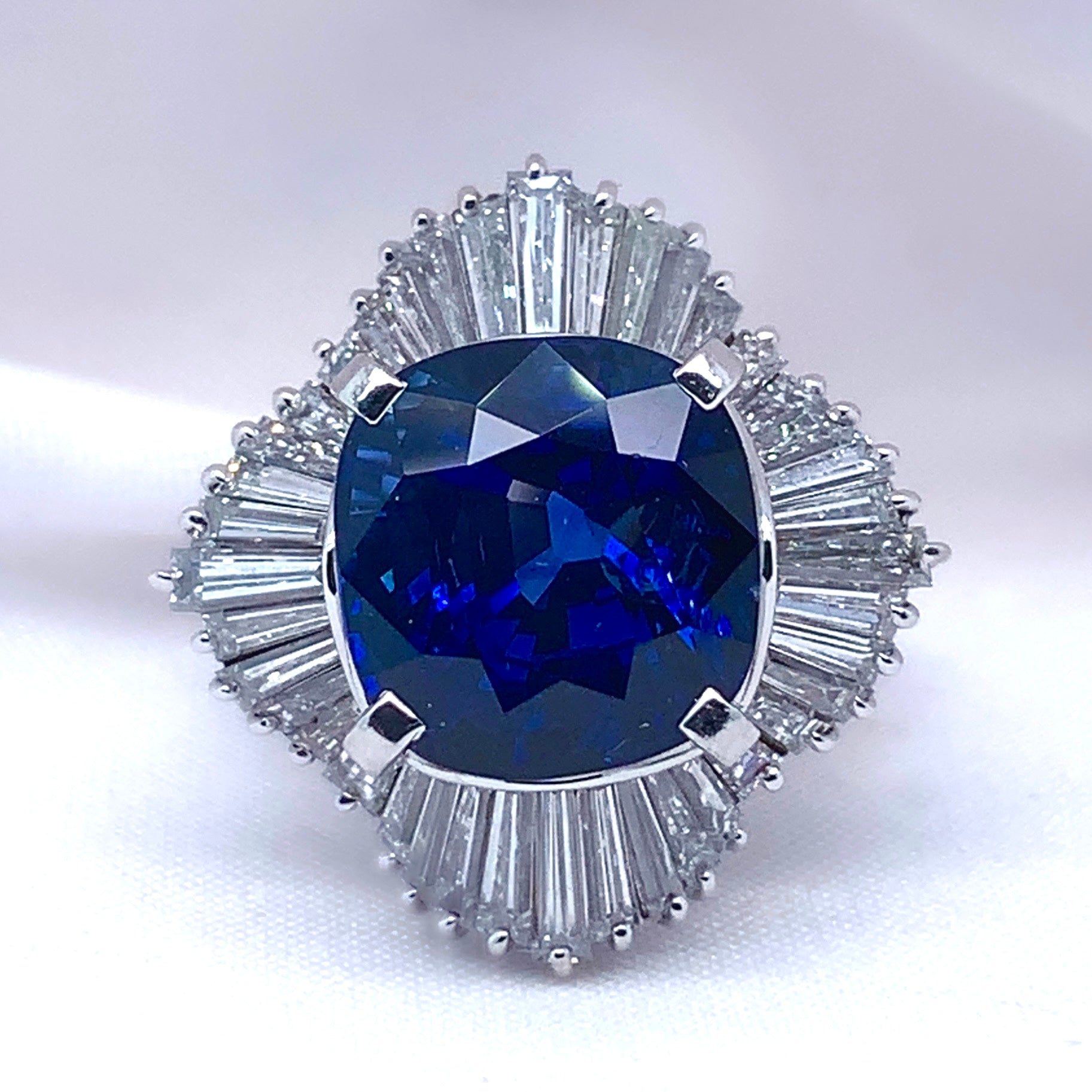 "Desiree" - Cushion Cut Sapphire Unique Engagement Ring surrounded by Baguette Diamonds set in Platinum - Unique Ring - Ebony Jewellery Chichester - Bespoke by Ebony
