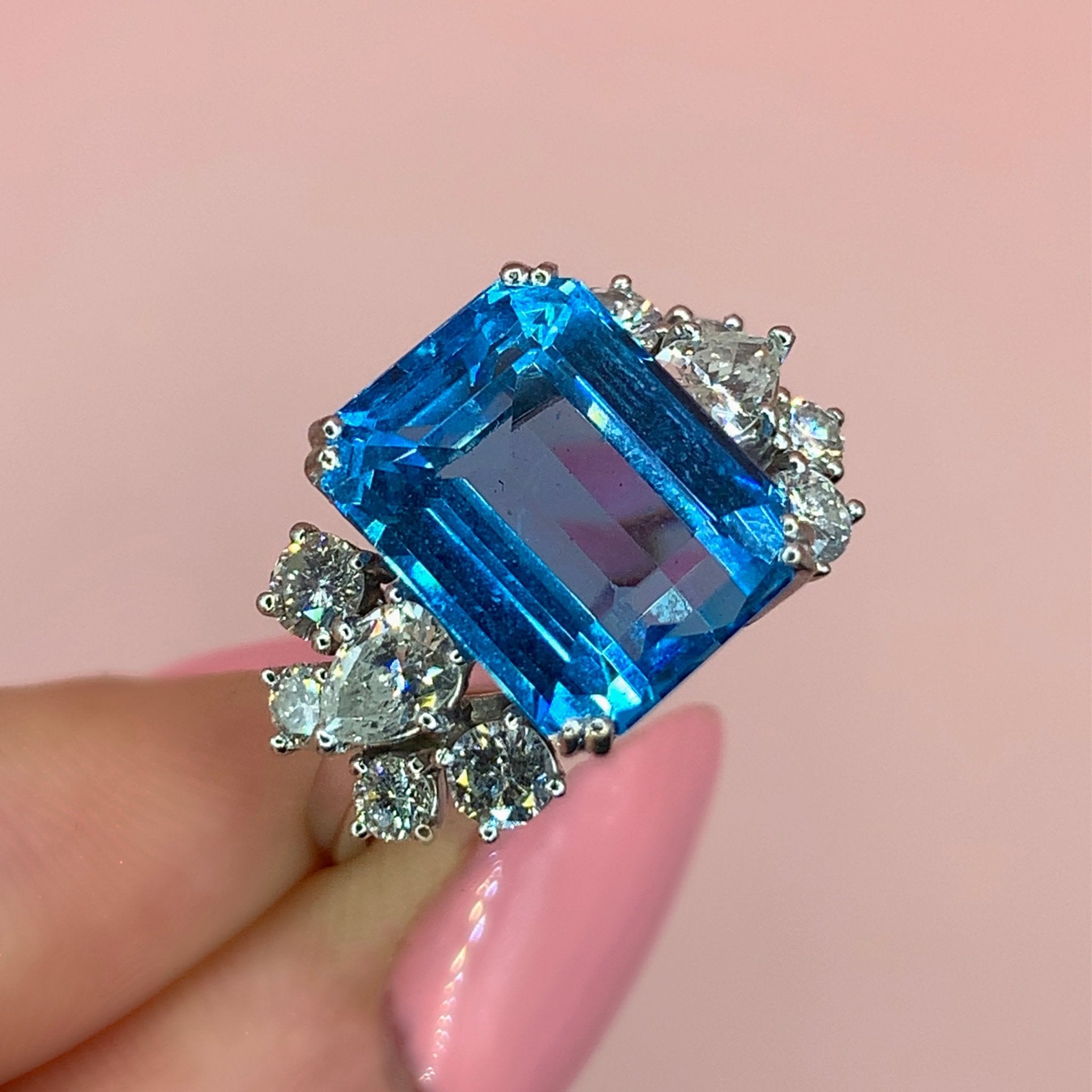 "Eléa" - Emerald Cut Aquamarine Unique Engagement Ring with variety Diamond Shoulders set in 18ct White Gold - Unique Ring - Ebony Jewellery Chichester - Bespoke by Ebony