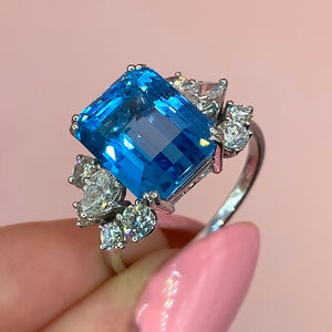 "Eléa" - Emerald Cut Aquamarine Unique Engagement Ring with variety Diamond Shoulders set in 18ct White Gold - Unique Ring - Ebony Jewellery Chichester - Bespoke by Ebony