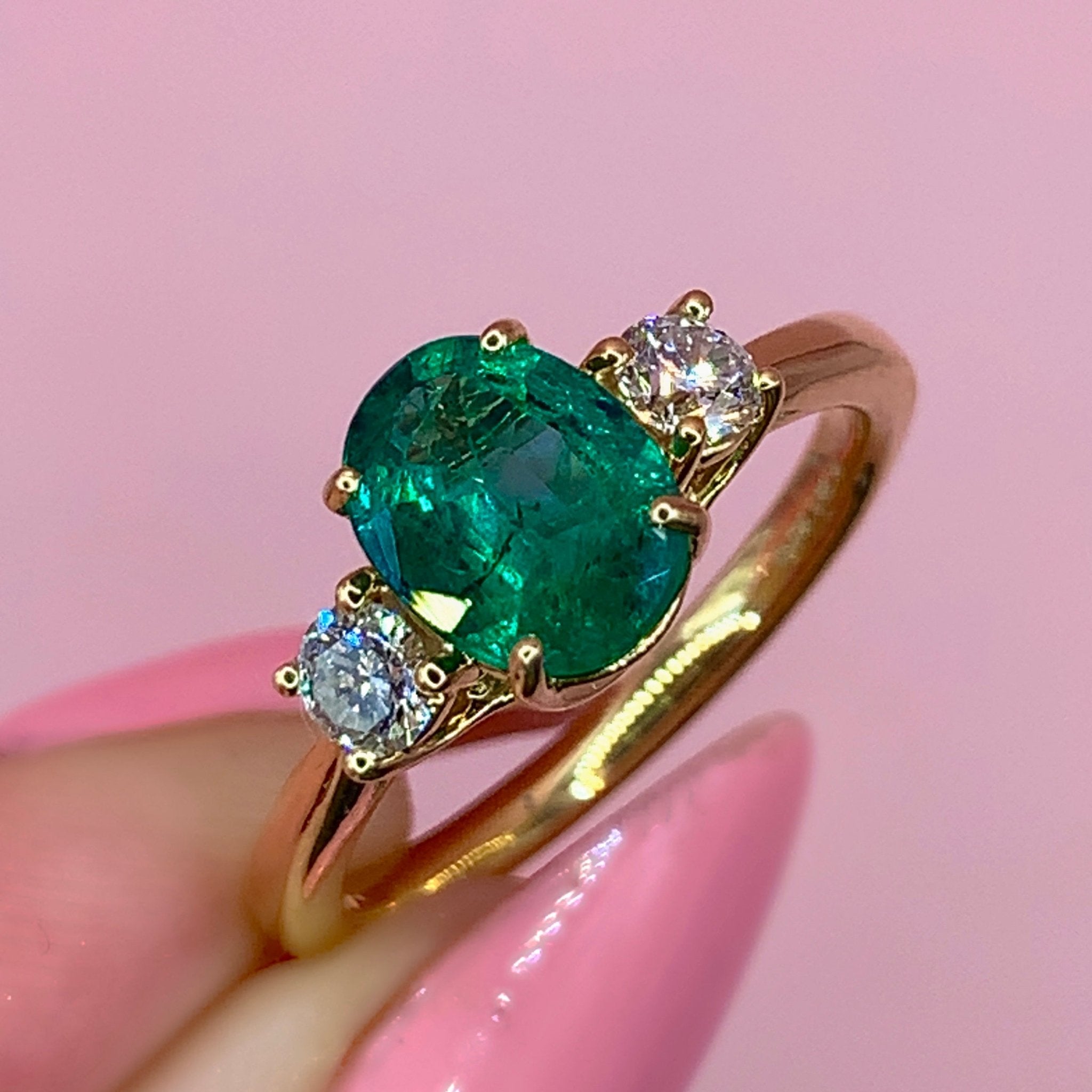 "Emmeline" - Oval Emerald Unique Engagement Ring with Diamond Shoulders in 18ct Yellow Gold - Unique Ring - Ebony Jewellery Chichester - Bespoke by Ebony