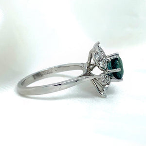 "Florentina" - Teal Sapphire Ring Centered by Spiral of Diamond Leaves in 18ct White Gold - Unique Ring - Ebony Jewellery Chichester - Bespoke by Ebony