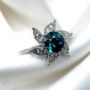 "Florentina" - Teal Sapphire Ring Centered by Spiral of Diamond Leaves in 18ct White Gold - Unique Ring - Ebony Jewellery Chichester - Bespoke by Ebony