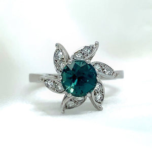 "Florentina" - Teal Sapphire Ring Centered by Spiral of Diamond Leaves in 18ct White Gold - Unique Ring - Ebony Jewellery Chichester - Bespoke by Ebony