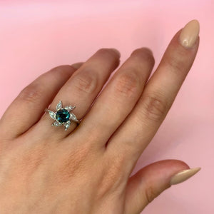 "Florentina" - Teal Sapphire Ring Centered by Spiral of Diamond Leaves in 18ct White Gold - Unique Ring - Ebony Jewellery Chichester - Bespoke by Ebony