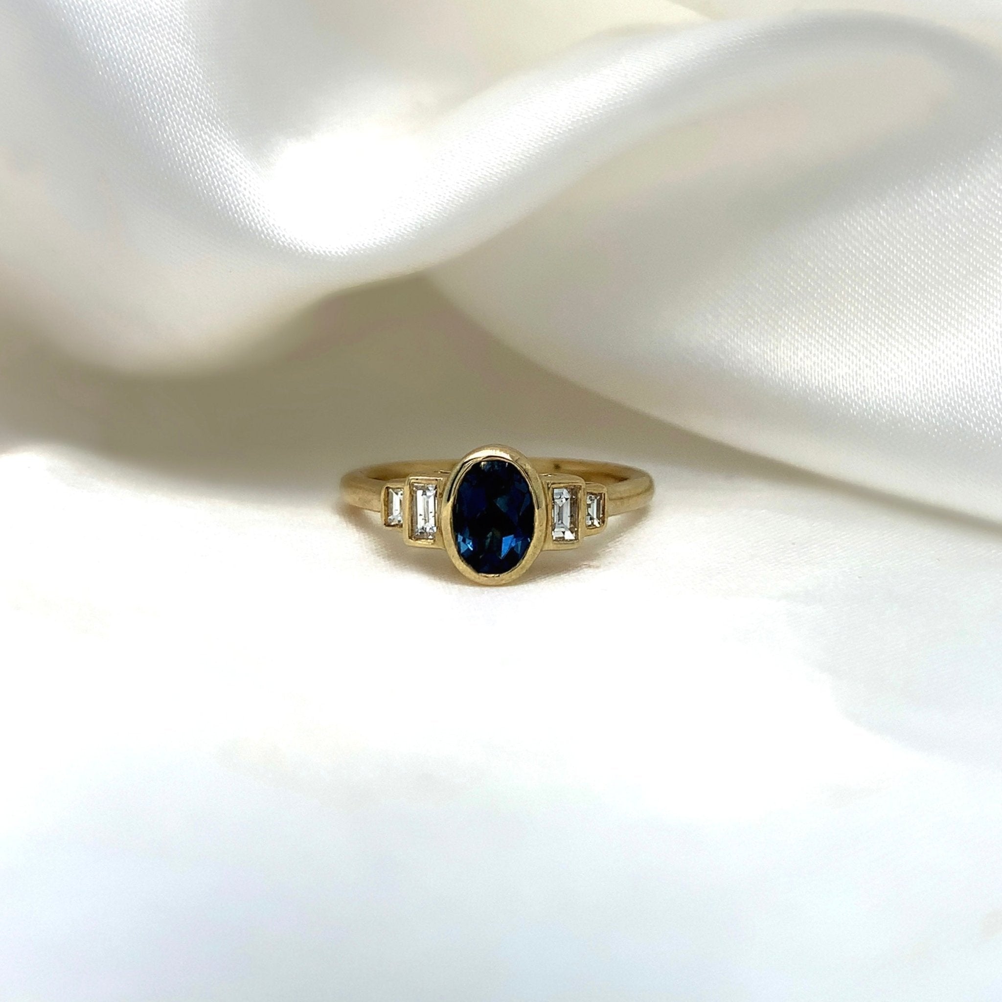 "London" - Blue Topaz Oval Unique Ring with Diamond Shoulders set in 9ct Yellow Gold - Unique Ring - Ebony Jewellery Chichester - Bespoke by Ebony