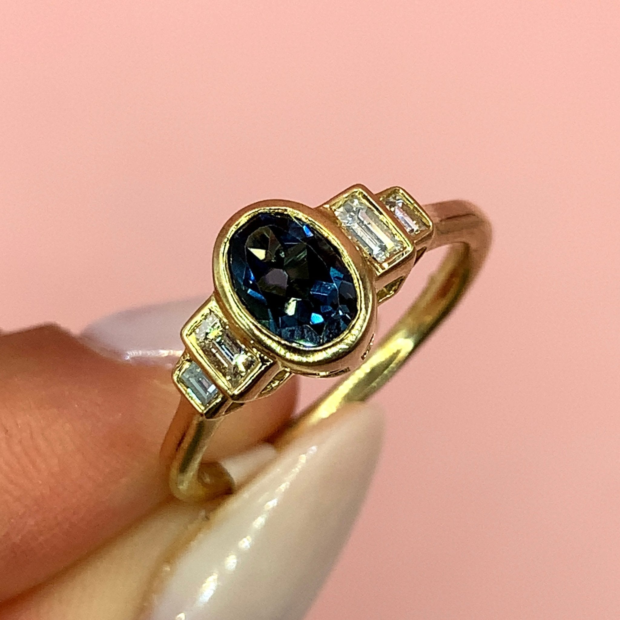 "London" - Blue Topaz Oval Unique Ring with Diamond Shoulders set in 9ct Yellow Gold - Unique Ring - Ebony Jewellery Chichester - Bespoke by Ebony