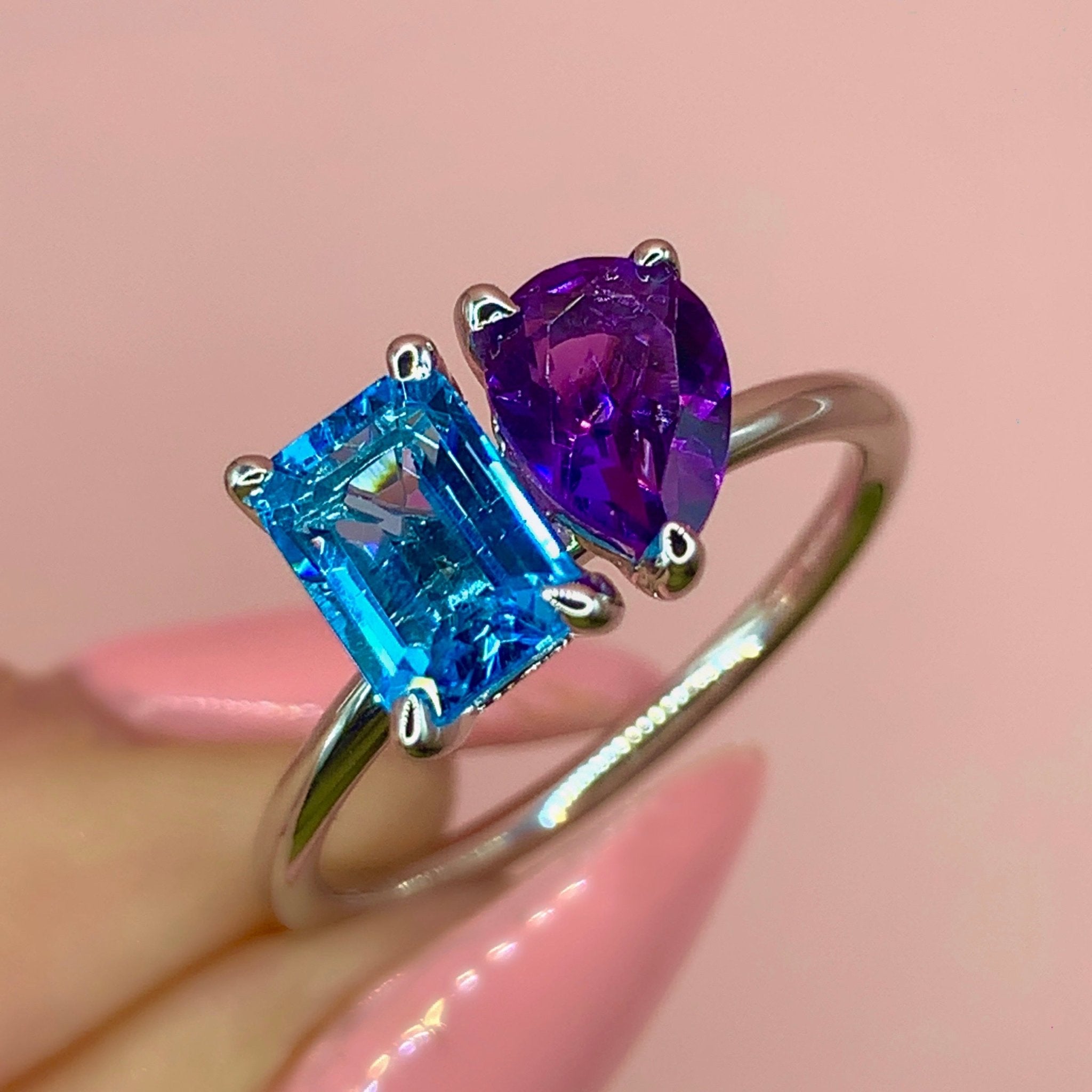 "Margaux" - Dual Stone (Amethyst &amp; Aquamarine) Unique Ring set in 18ct White Gold - Unique Ring - Ebony Jewellery Chichester - Bespoke by Ebony