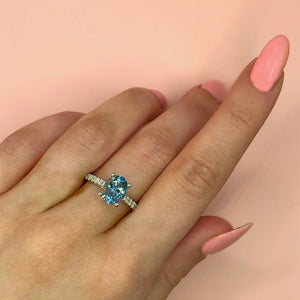 "Marina" - Oval Aquamarine Unique Ring in a Micro Set Platinum Band with Round Brilliant Diamonds - Unique Ring - Ebony Jewellery Chichester - Bespoke by Ebony