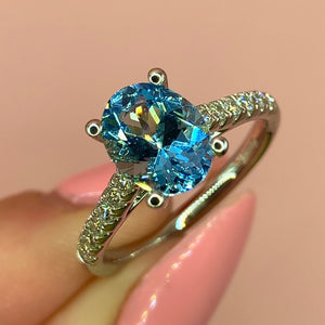 "Marina" - Oval Aquamarine Unique Ring in a Micro Set Platinum Band with Round Brilliant Diamonds - Unique Ring - Ebony Jewellery Chichester - Bespoke by Ebony
