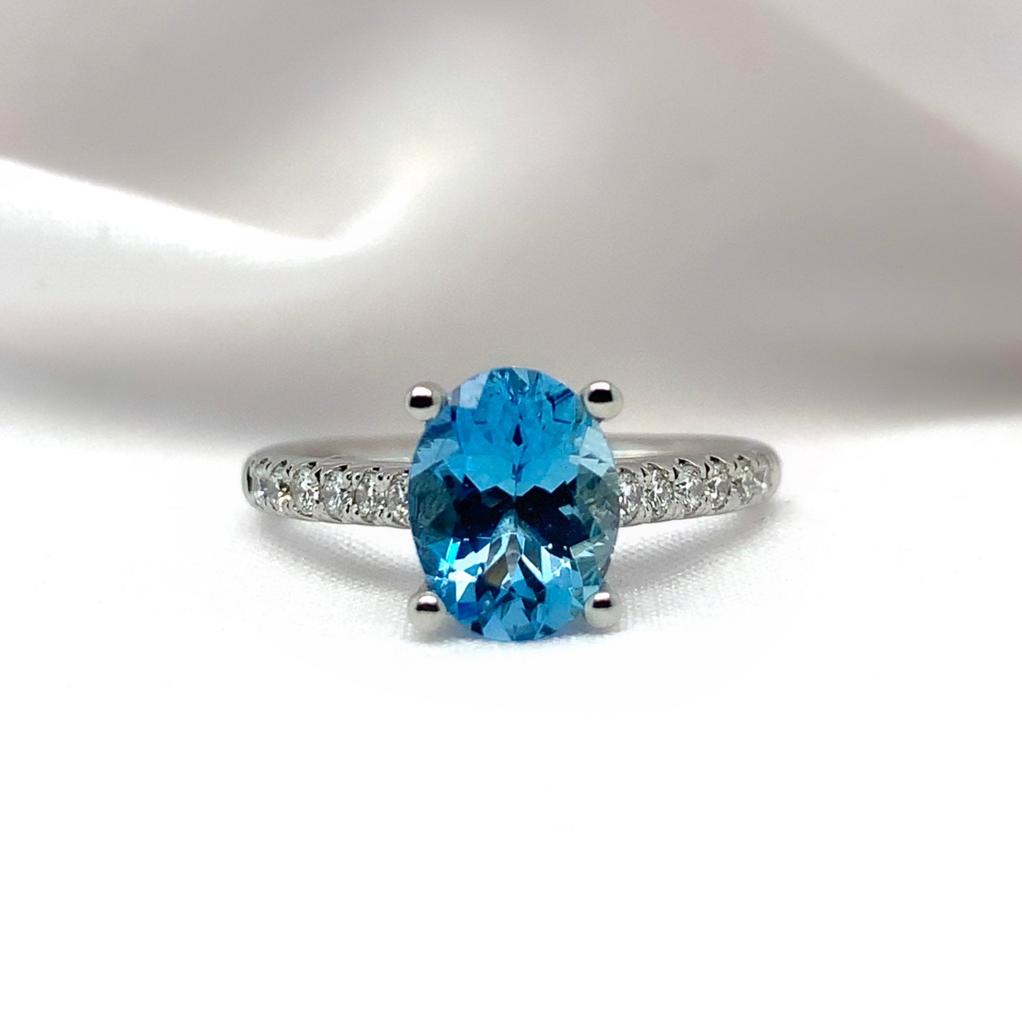 "Marina" - Oval Aquamarine Unique Ring in a Micro Set Platinum Band with Round Brilliant Diamonds - Unique Ring - Ebony Jewellery Chichester - Bespoke by Ebony